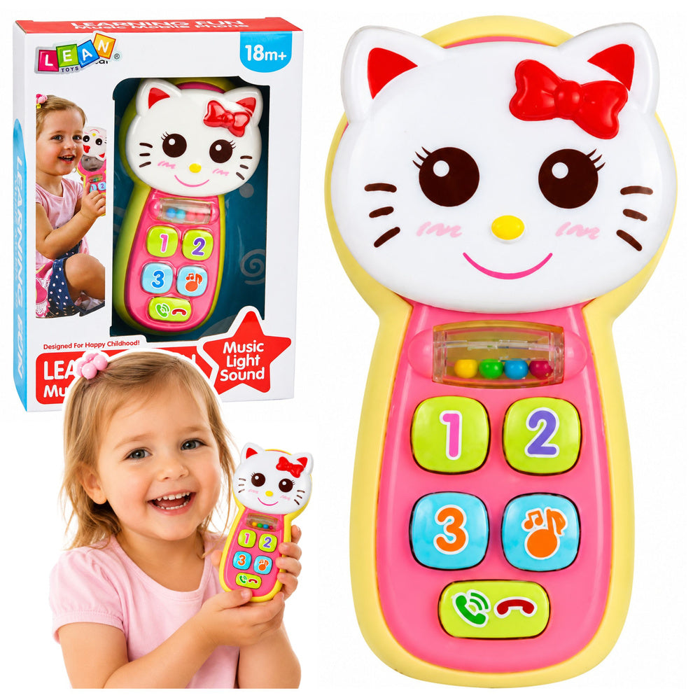 LEAN Toys Interaktives Babytelefon mit Katzen-Spiegel, Rassel, Lichtern und Geräuschen