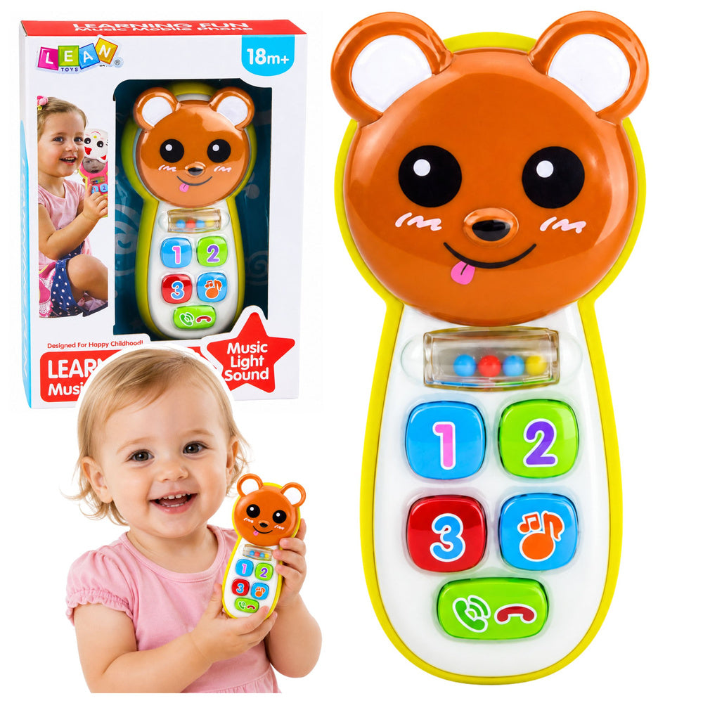 LEAN Toys Interaktives Babytelefon mit Teddybär, Spiegel, Rassel, Lichtern und Geräuschen