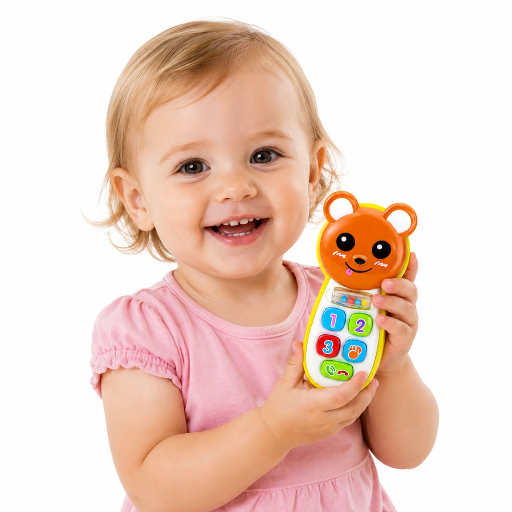 LEAN Toys Interaktives Babytelefon mit Teddybär, Spiegel, Rassel, Lichtern und Geräuschen – Produktabbildung 2