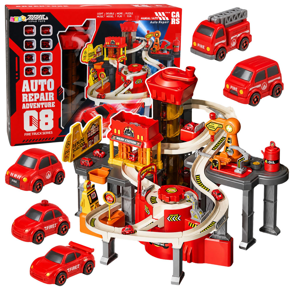 Interactive race track, parking lot, workshop, car wash, 8 cars, fire station