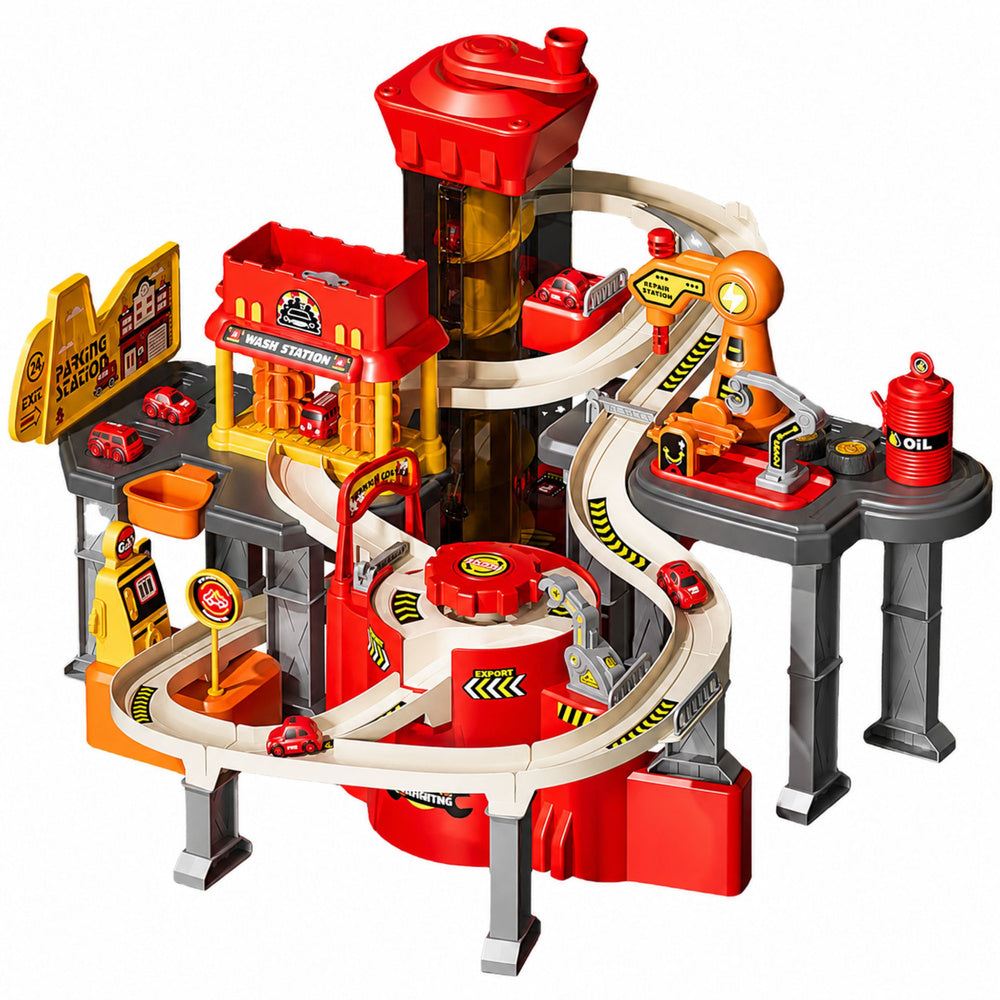 Interactive race track, parking lot, workshop, car wash, 8 cars, fire station (2)