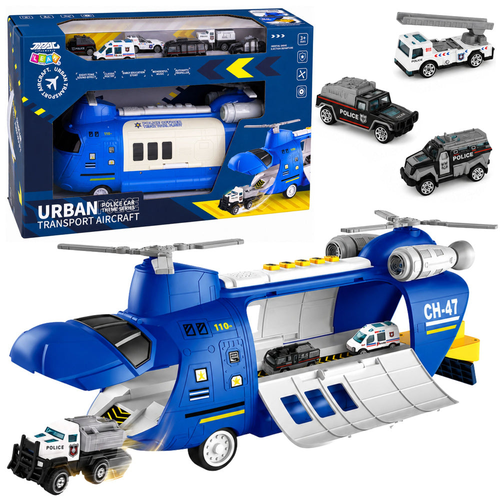 Foldable police transport plane with vehicles, lights, and sounds