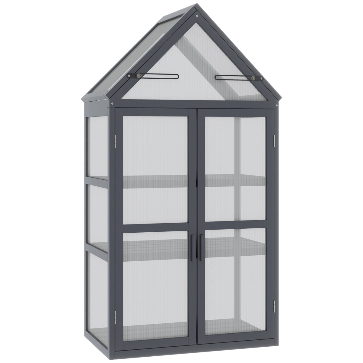 Cold frame mini greenhouse 3 levels hothouse plant bed with hinged roof double doors made of wood polycarbonate