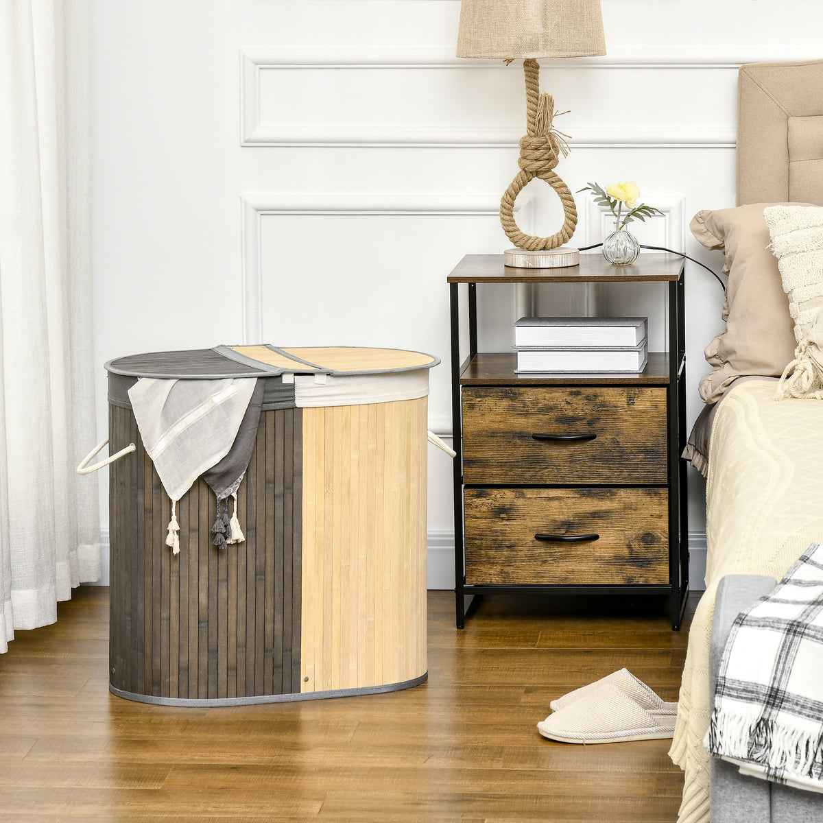 100 L laundry basket with lid, handle, 2 sections, removable laundry bag, for bedroom, bamboo gray+natural (2)