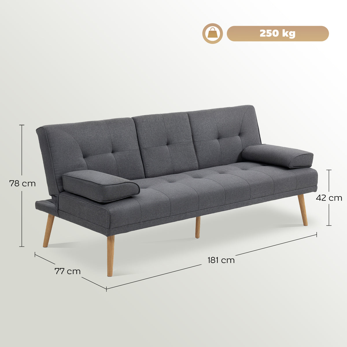 HOMCOM Schlafsofa im Skandi-Design, 3-Sitzer-Sofa, 2 Kissen, Grau + Natur – Produktabbildung 3