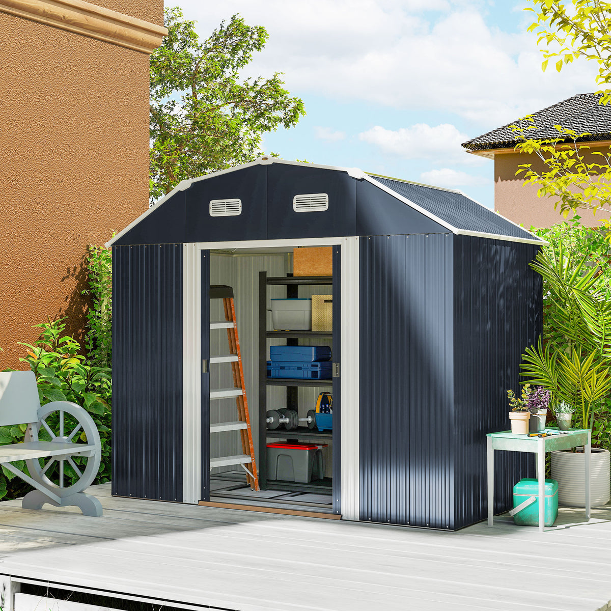 Garden shed, tool shed, garden shed, weather-resistant, 2 windows, 2 doors, 238 x 132 x 198.5 cm, dark gray (2)