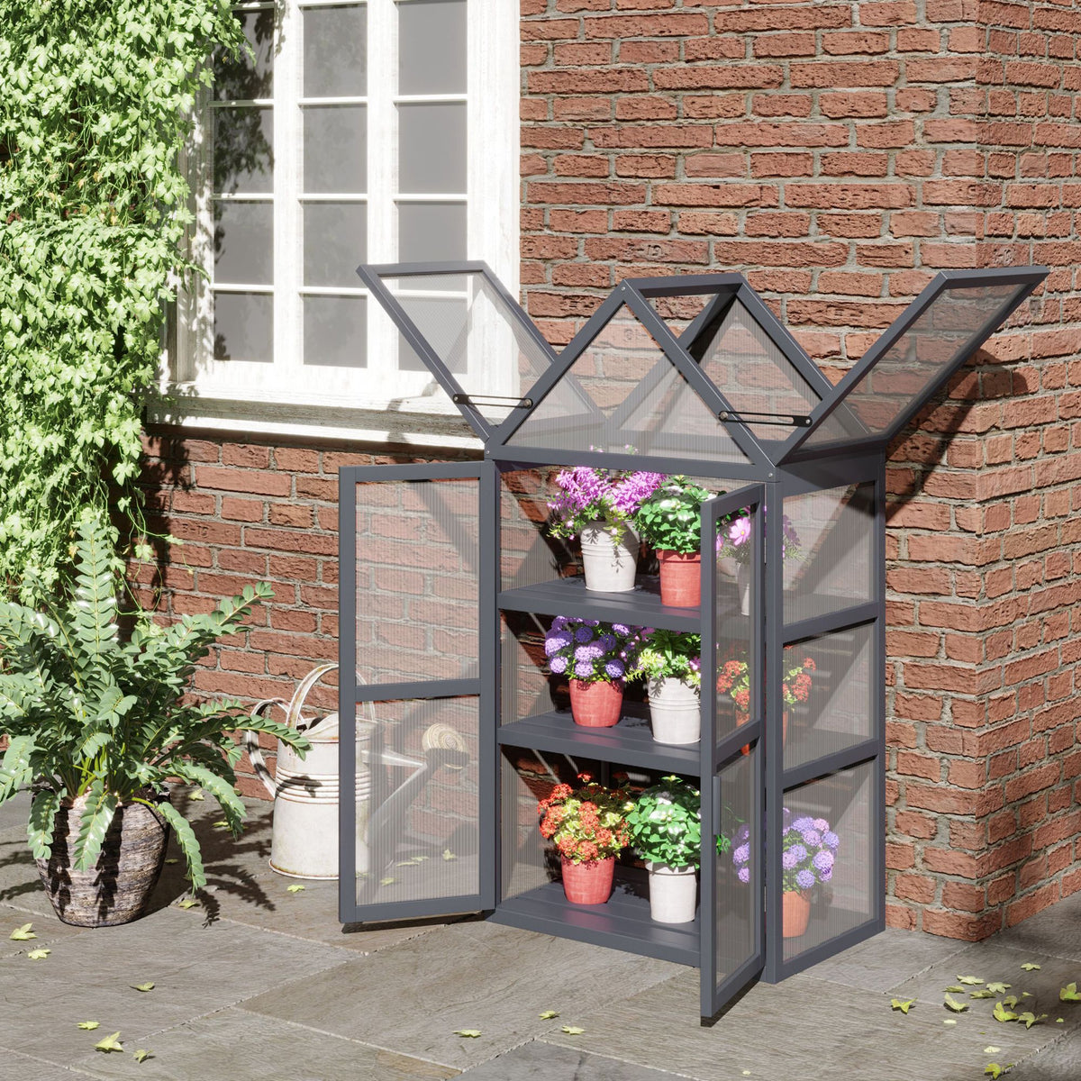 Cold frame mini greenhouse 3 levels hothouse plant bed with hinged roof double doors made of wood polycarbonate (2)