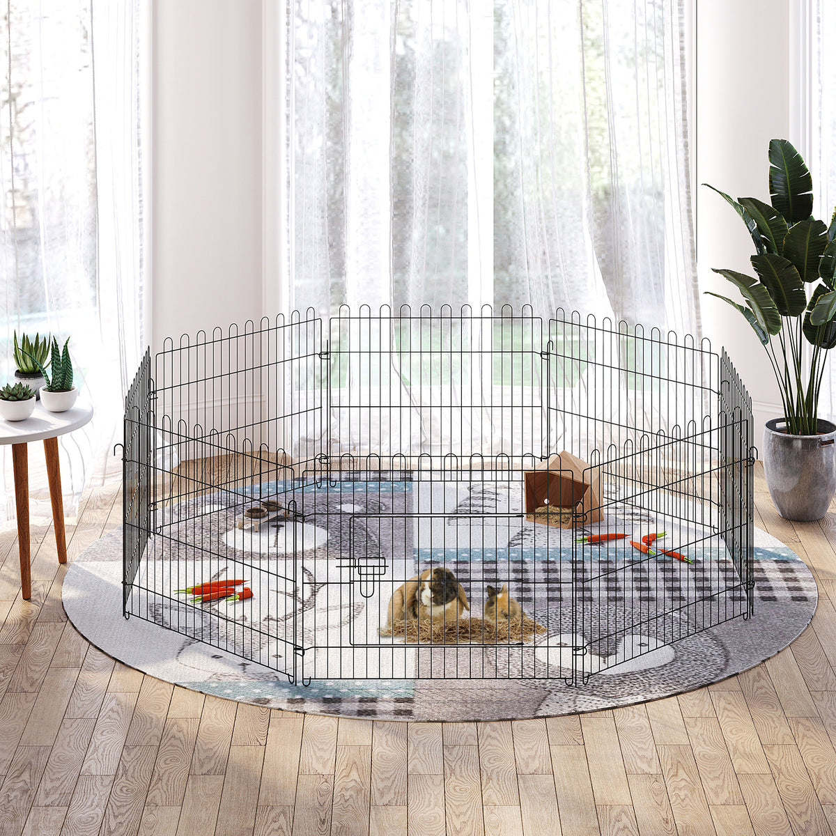 Welpenlaufstall 8-TLG Welpenauslauf mit 8 Gitterplatten Tür Schutzplane Freilaufgehege 61cm hoch – Produktabbildung 2