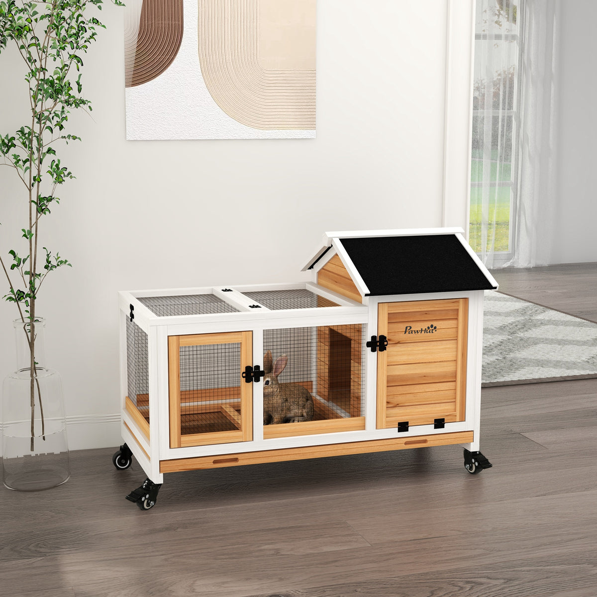 PawHut Kleintierstall für Zwergkaninchen, Meerschweinchen, mit Rädern, 108 x 58 x 73,5 cm, Gelb – Produktabbildung 2