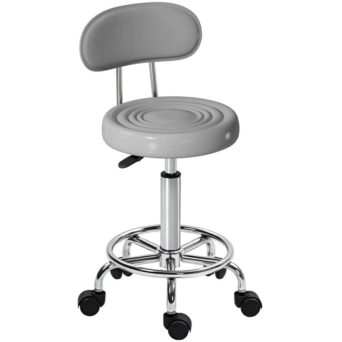 Rolling stool, swiveling and adjustable stool with backrest, faux leather upholstery, footrest, for dressing