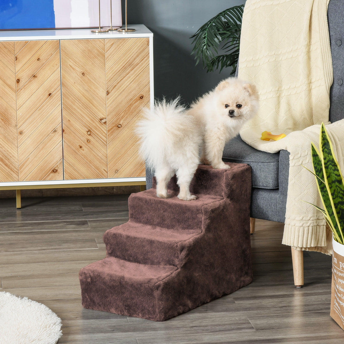 PawHut Hundetreppe 4-Stufig Abnehmbarer Bezug Für Kleine Hunde 44 cm Braun – Produktabbildung 2