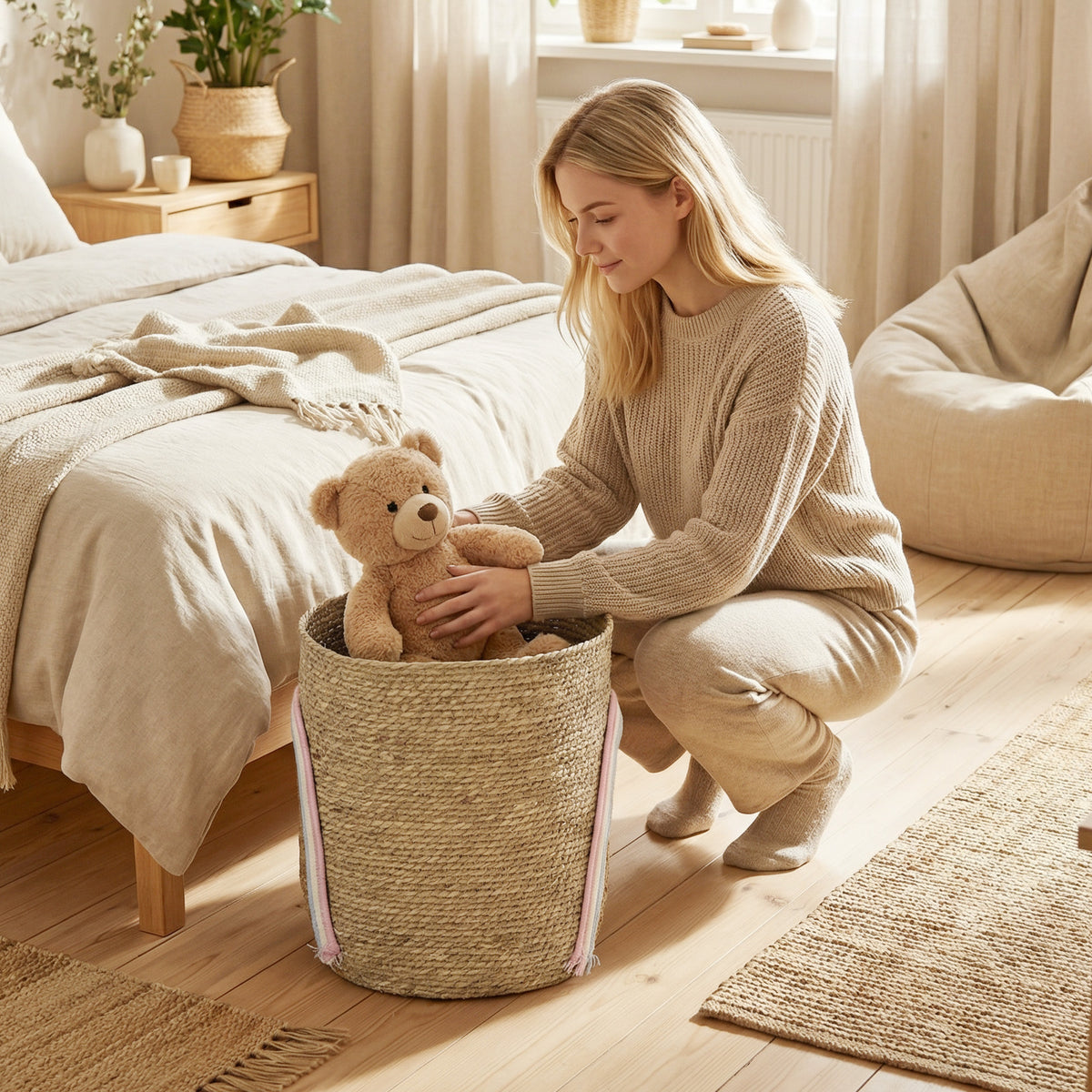 HOMCOM 24,7L Aufbewahrungskorb mit Regenbogen-Dekoration, großer geflochtener Korb für Badezimmer – Produktabbildung 2