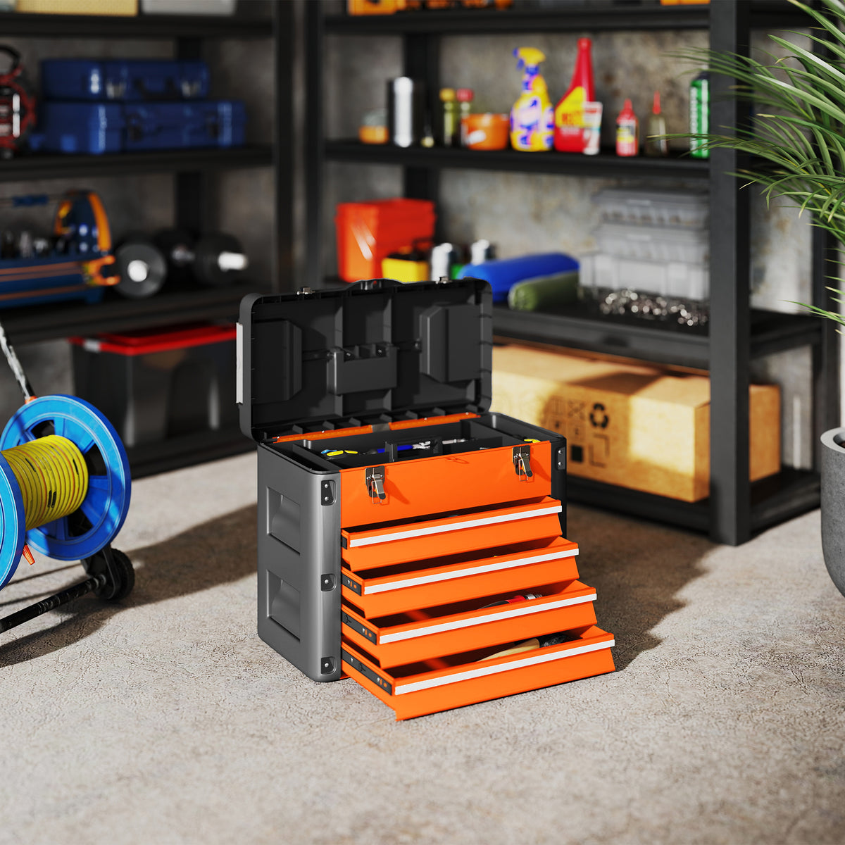 HOMCOM Werkzeugkiste leer, 49,7 x 25,3 x 40,7 cm Werkzeugkasten mit 4 Schubladen, Mini-Box Stahl Orange – Produktabbildung 2