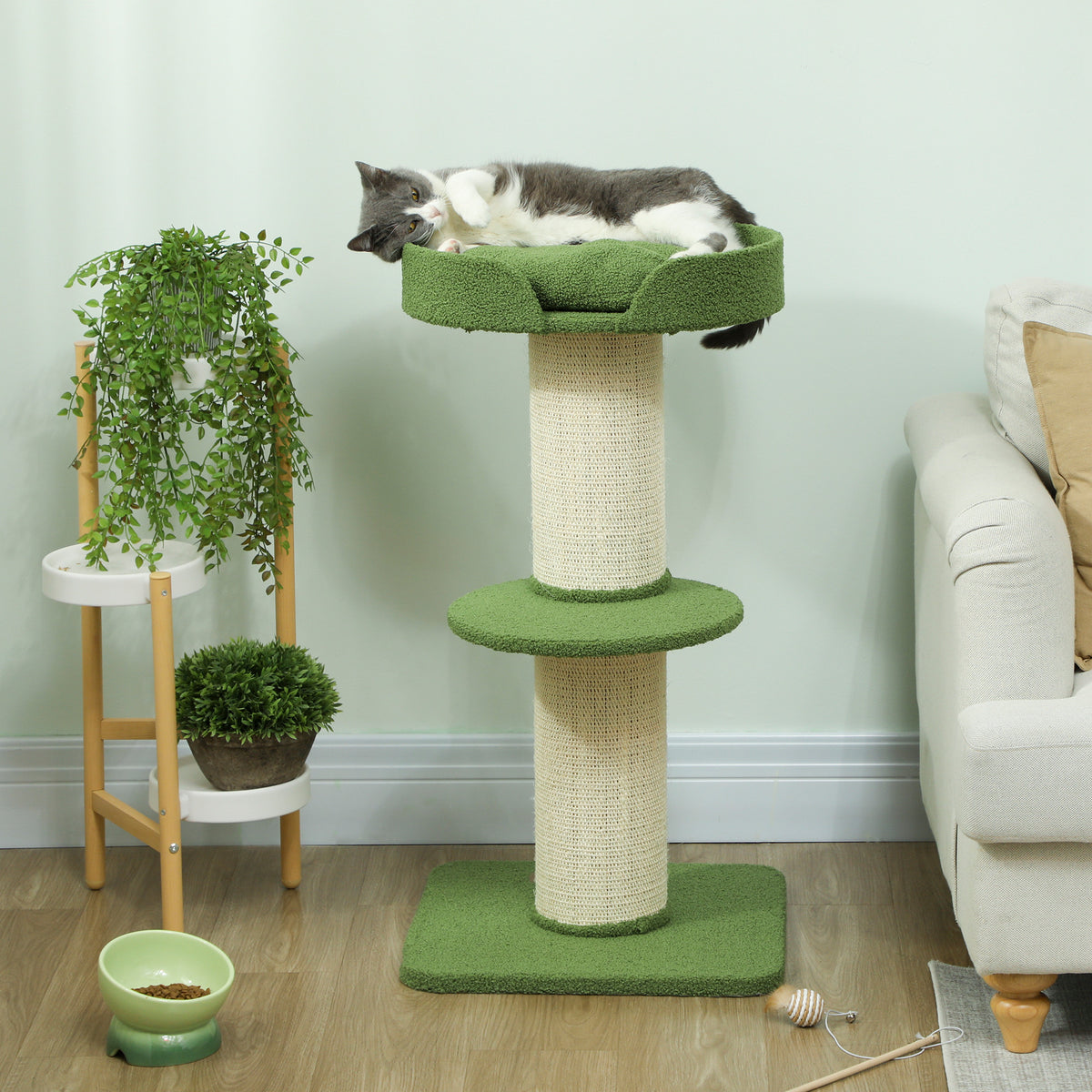 PawHut Katzenbaum 91cm Spielbaum mit Katzenbett, Plattform Lammwolle Grün – Produktabbildung 2