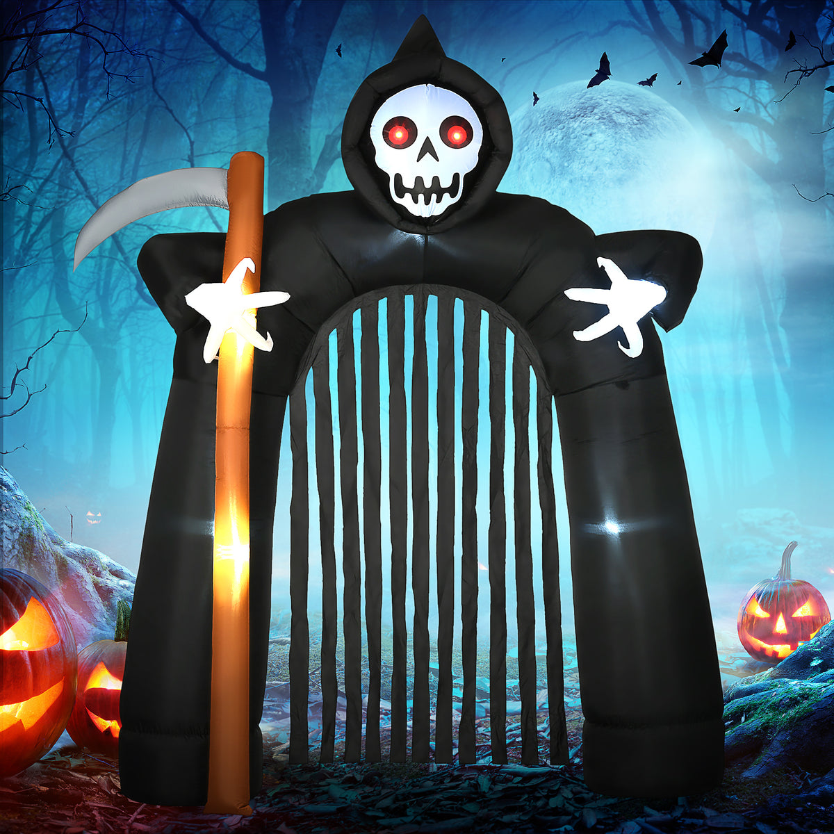 HOMCOM Große Halloween-Gartendekoration Sensenmann-Torbogen selbstaufblasbar LED-Beleuchtung 2,85 m – Produktabbildung 2