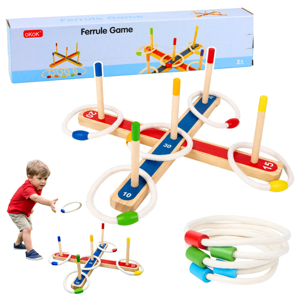 Skill game with wooden rings, family game with scoring system