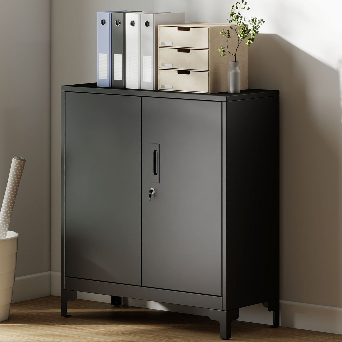 Metal office cabinet, lockable doors, office sideboard, 2-tier design, black (2)