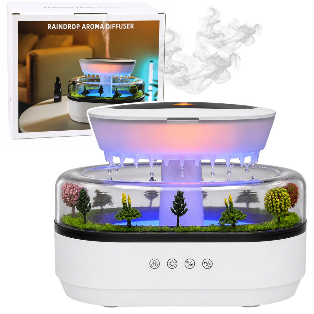 Luftbefeuchter mit Aromadiffusor, Regeneffekt, LED-Beleuchtung und Netzteil