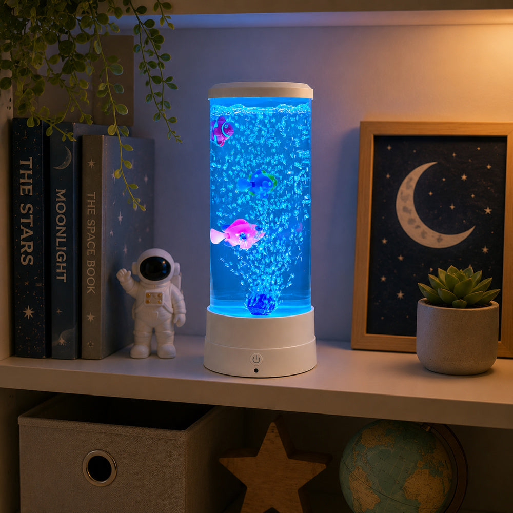 Decorative RGB LED aquarium lamp with fish motif, 16 colors, USB connection, white