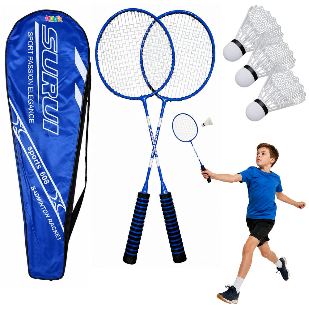 Badminton-Set, bestehend aus Schlägern, 3 Federbällen und einer blauen Hülle