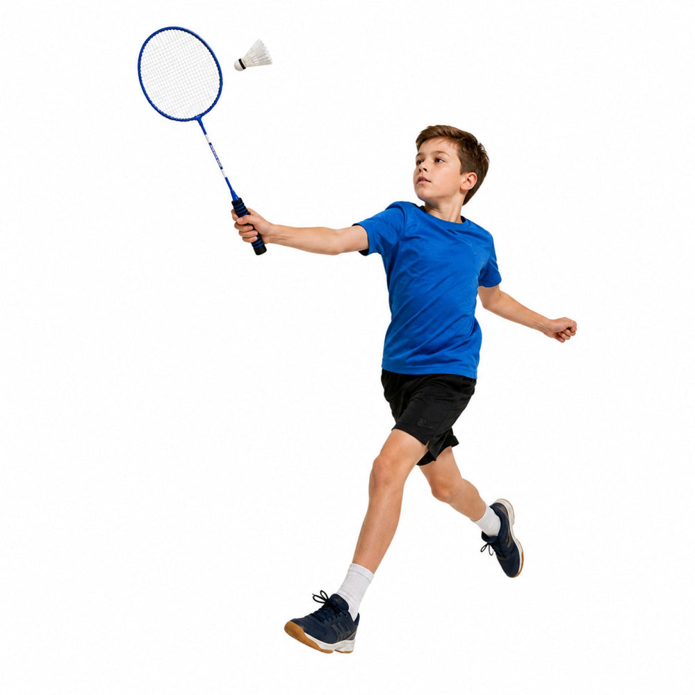 Badminton-Set, bestehend aus Schlägern, 3 Federbällen und einer blauen Hülle