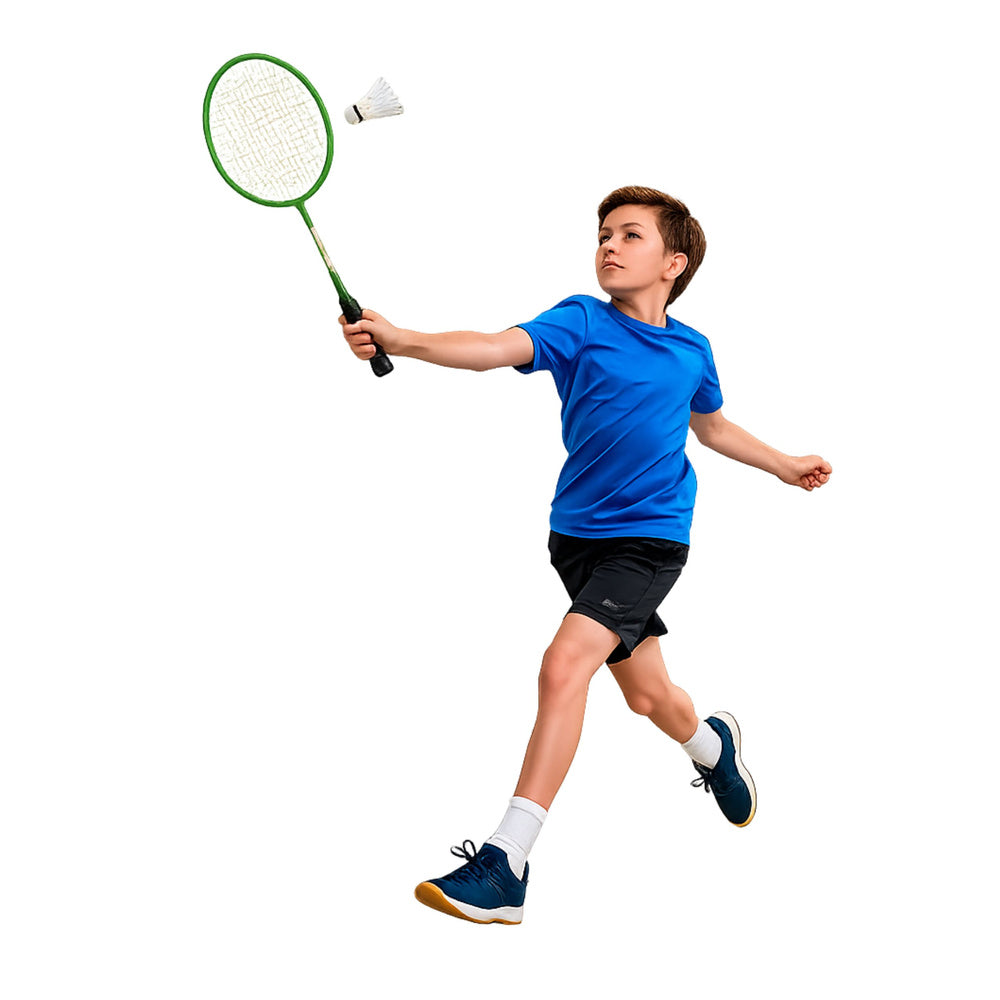 Badminton-Set, bestehend aus Schlägern, 3 Federbällen und einer grünen Hülle