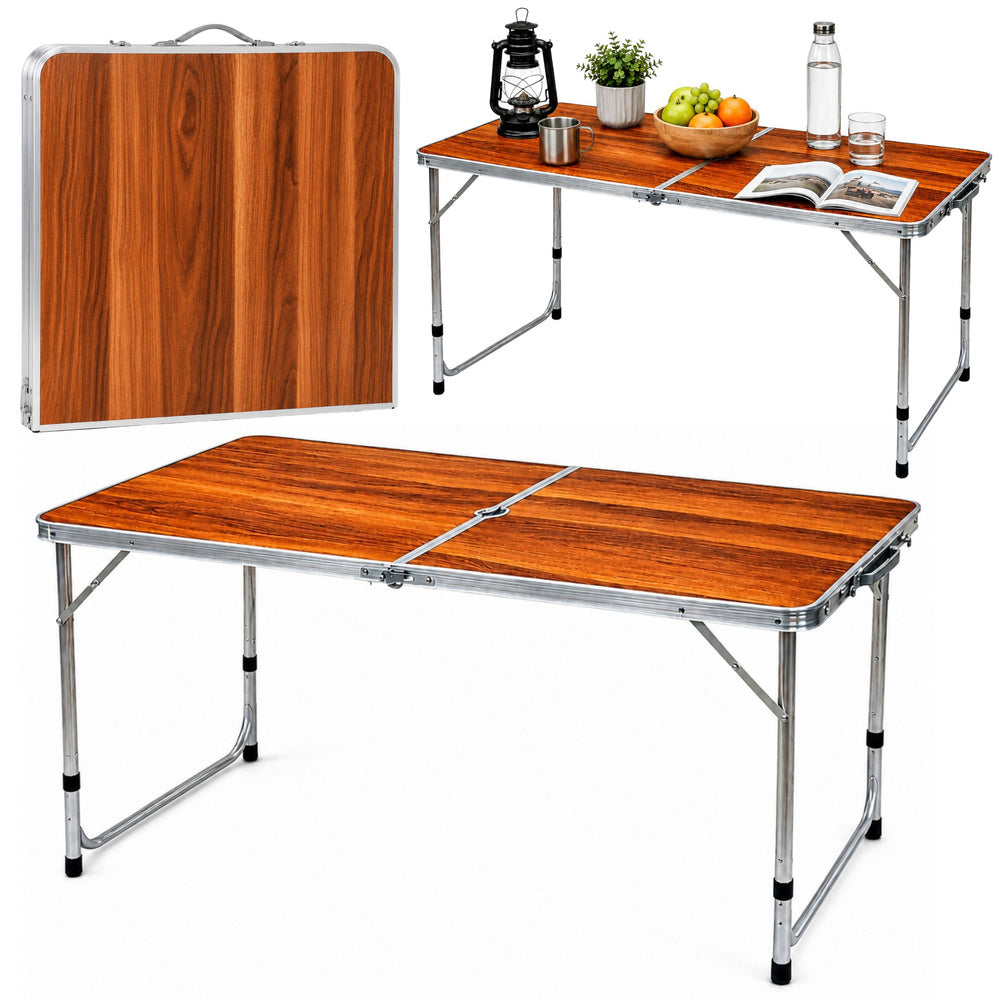 LEAN Klappbarer Campingtisch, höhenverstellbar, Koffer, Holz
