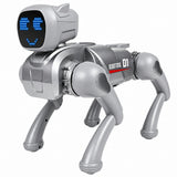 AI robot dog, remote-controlled, programmable via Bluetooth app, silver-colored