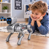 AI robot dog, remote-controlled, programmable via Bluetooth app, silver-colored