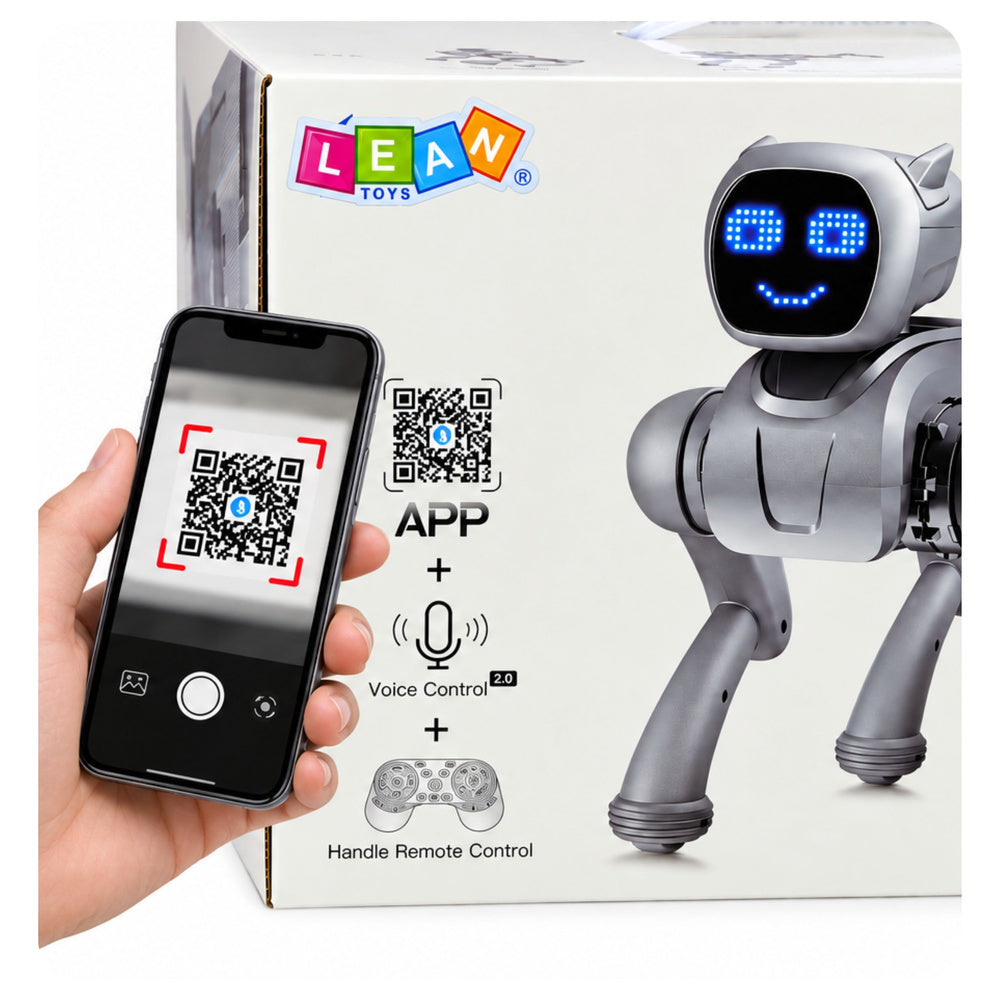 AI robot dog, remote-controlled, programmable via Bluetooth app, silver-colored