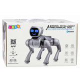 AI robot dog, remote-controlled, programmable via Bluetooth app, silver-colored