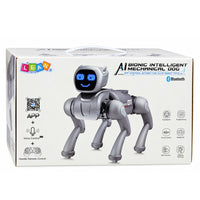 AI robot dog, remote-controlled, programmable via Bluetooth app, silver-colored