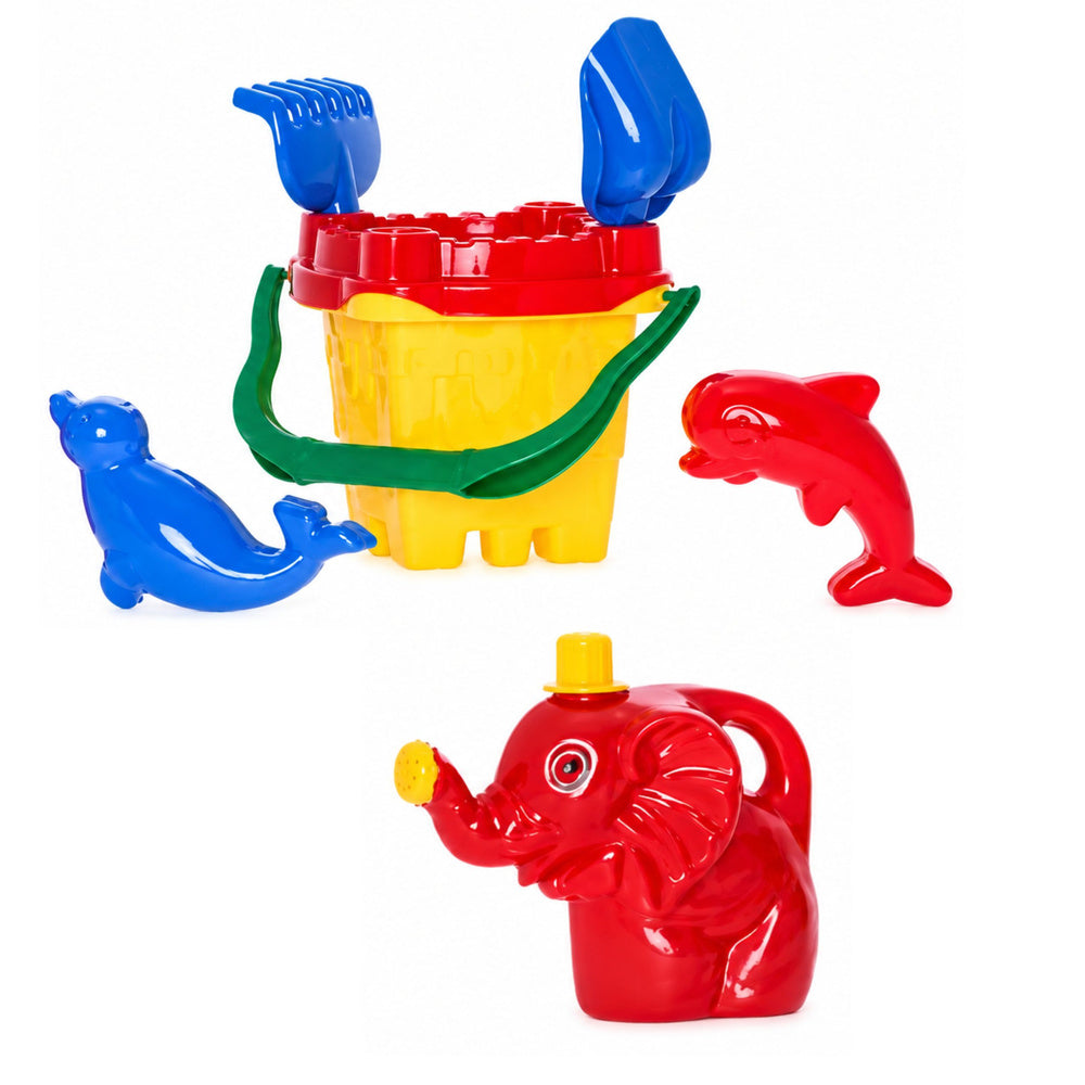 Sandcastle set, bucket, sieve, candy molds, shovel, rake, 7-piece