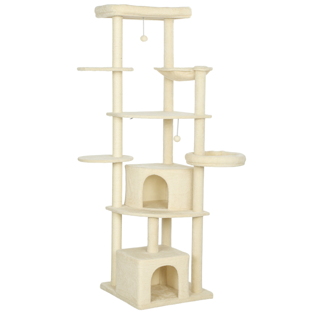2-meter tall cat tree for 2-3 cats, scratching posts, caves, hammock, hideaways, multi-level design, sisal, wood