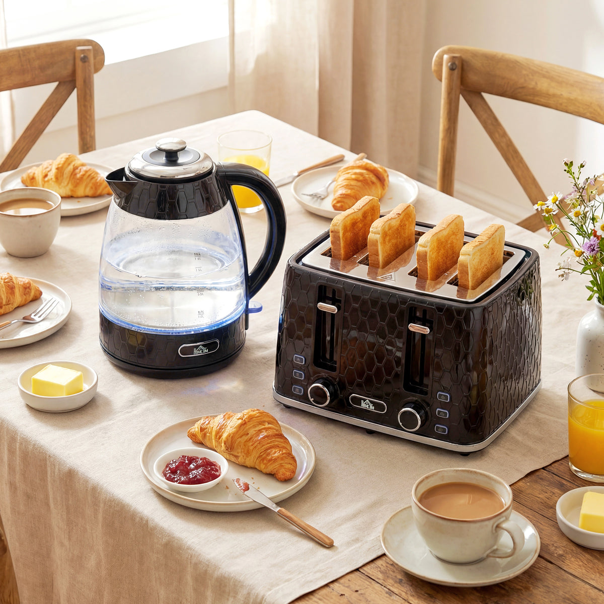 1.7L 2200W Rapid Boil Kettle and 4-Slice Toaster Set with Lime Scale Filter, Black (2)