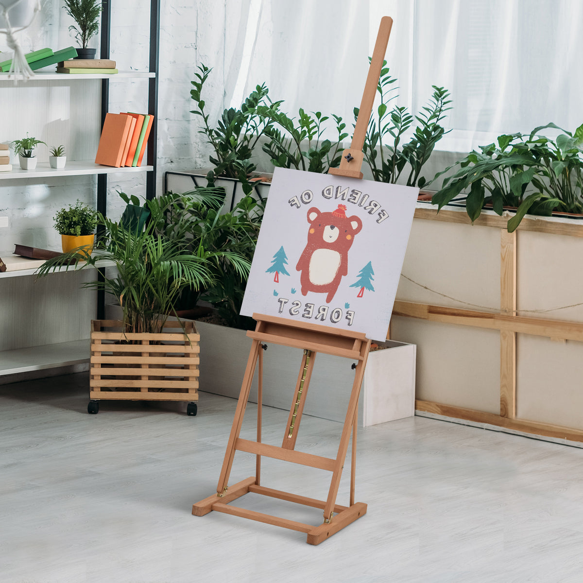 Easel Stretched Canvas Studio Easel Height and Angle Adjustable with Storage Tray Beechwood Natural 53 x 50.5 x (2)