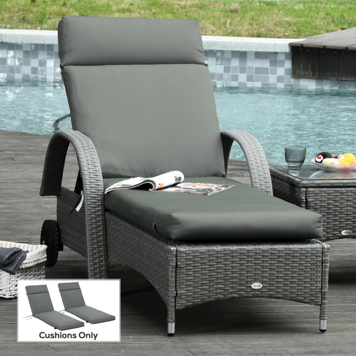 Set of 2 sun lounger cushions, extra thick 8cm garden lounger pad, dark grey, cushions ONLY (2)