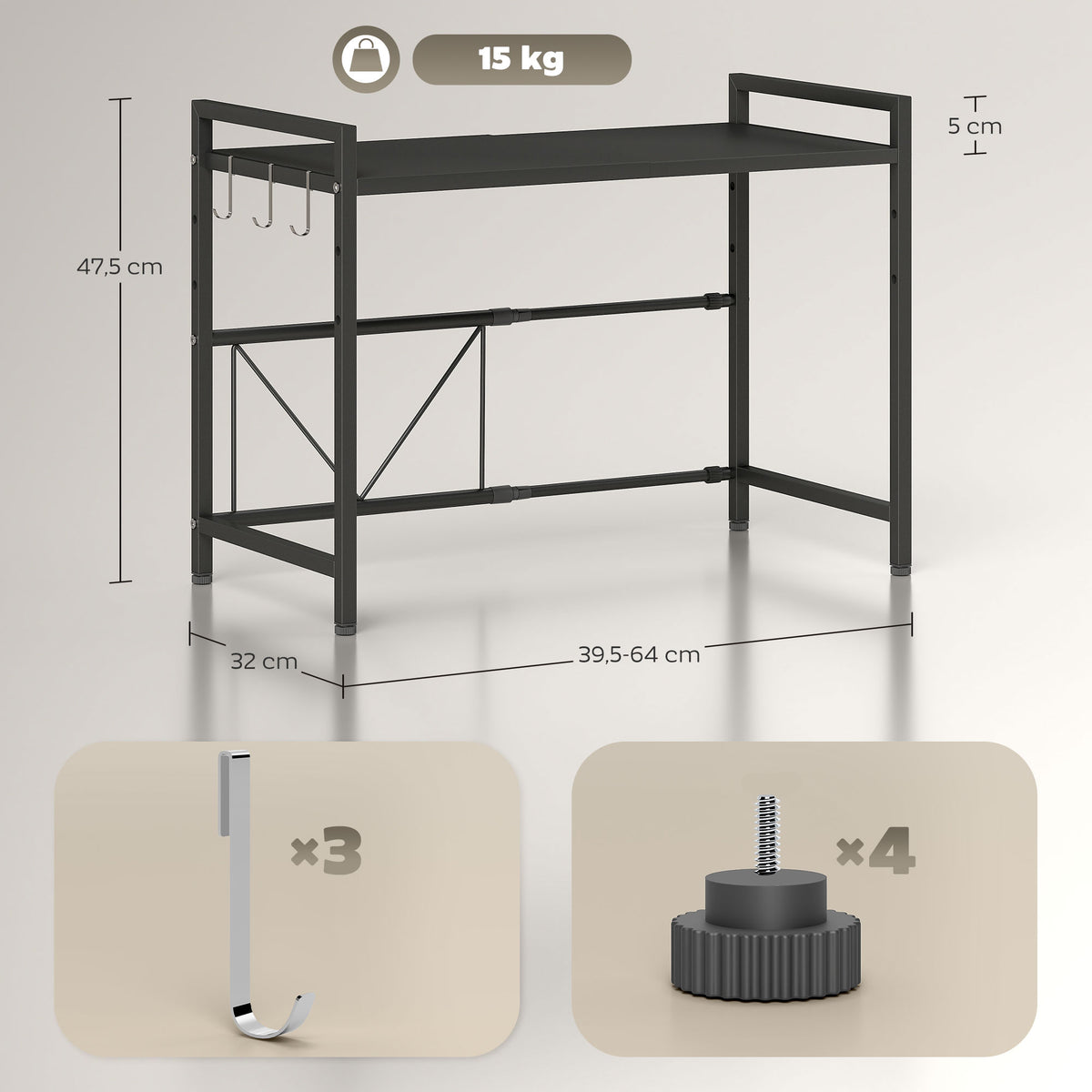 HOMCOM Mikrowellenregal, 3 Haken, ausziehbar, Metall, 40 cm hoch, Schwarz – Produktabbildung 3