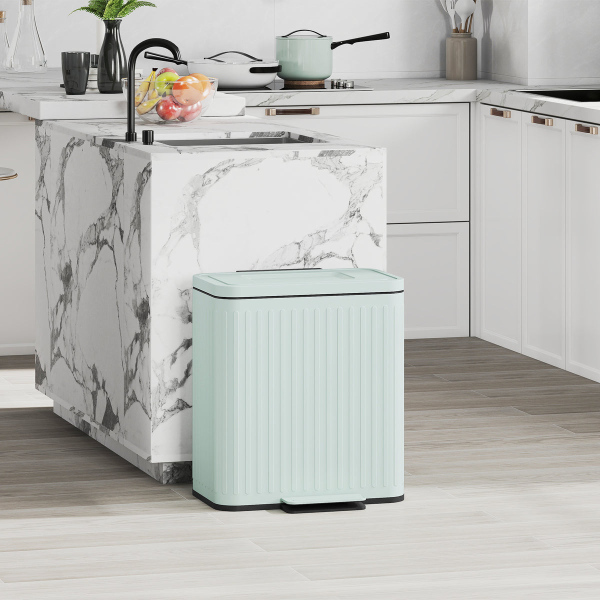 HOMCOM Küchenmülleimer, 2 x 20 L-Fächer, effiziente Mülltrennung, Fußpedal, Kunststoff, Metall, Grün – Produktabbildung 2