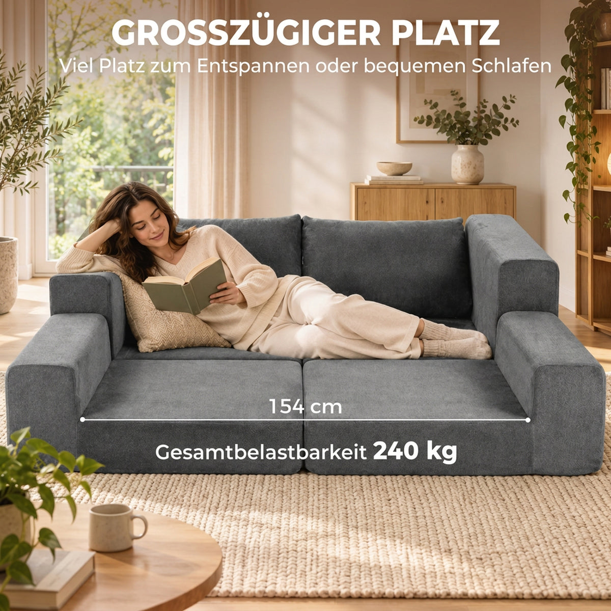 HOMCOM Schlafsofa 4-in-1 Schlaffunktion ausziehbar Klappsofa Kissen 2 Sitzer Grau – Produktabbildung 5