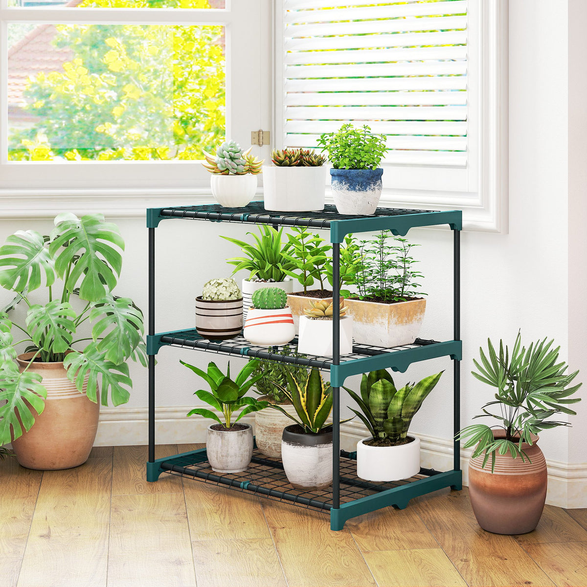 Outsunny 3-Etagen Pflanzenständer, 72 cm hoch Blumenständer für Innen Außen, Pflanzenregal aus Stahl – Produktabbildung 2