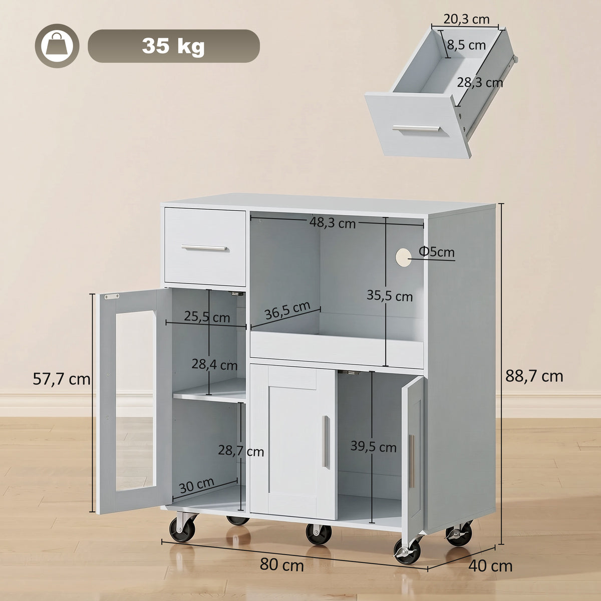 HOMCOM Küchenschrank auf Rädern, Mobile Küchenkommode mit Ablagen, Schubladen, verstellbarem Regal – Produktabbildung 3