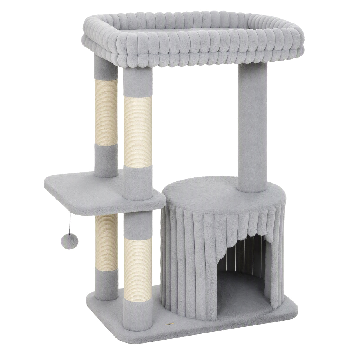 PawHut Katzenbaum, 93 cm 3 stufiger Kratzbaum mit Sisal-Kratzstämmen, Kuschelhöhle, großer Liegefläche