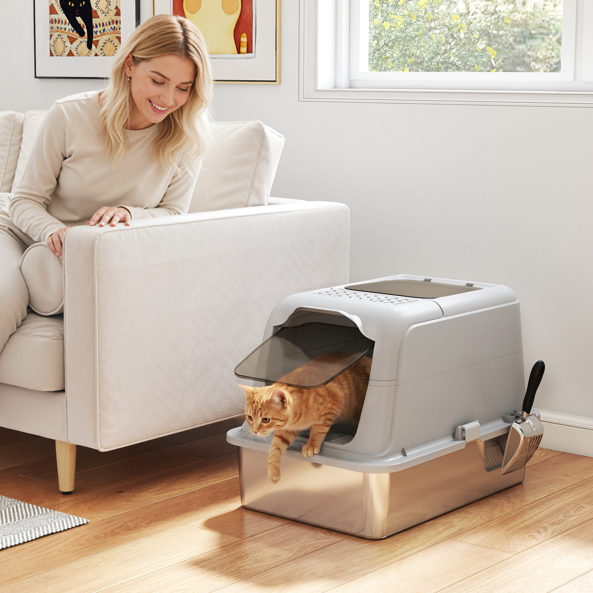Cat litter box, covered litter box with lid, litter scoop, front entrance and top exit, stainless steel, up to 8 (2)