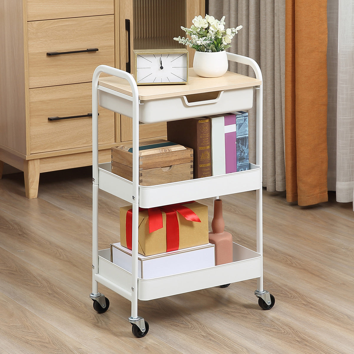 HOMCOM Rollbarer Küchenwagen, 2 Regale, Schublade, Ablage, 4 Rollen, Griffe, Stahl, Weiß – Produktabbildung 2