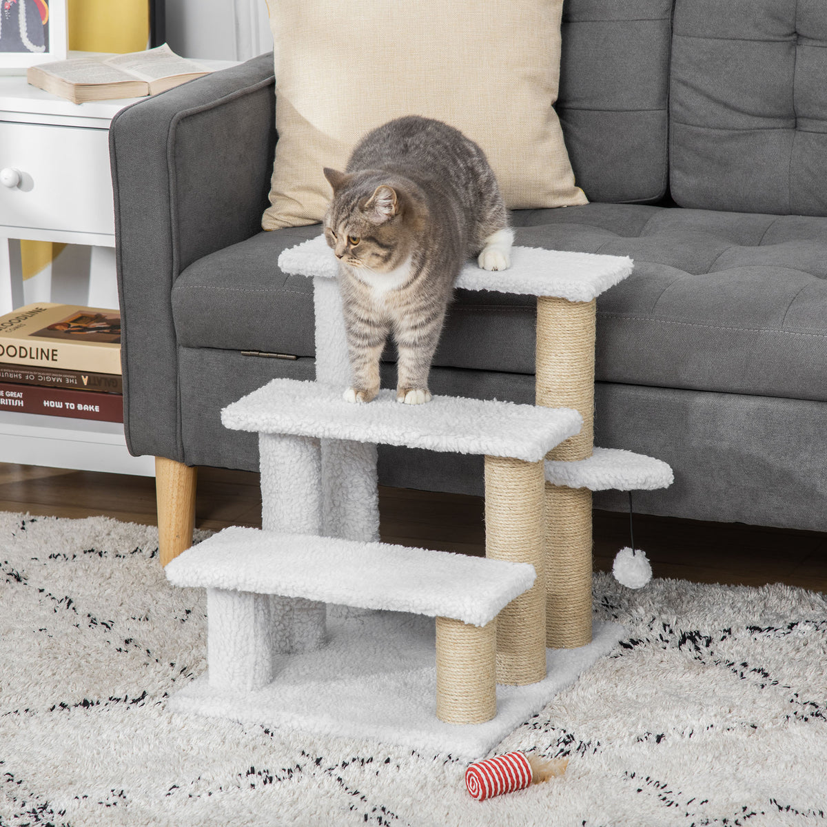 PawHut Katzentreppe 3-stufige Haustiertreppe mit Kratzsäulen Ball Hundetreppe Tiertreppe für Katzen bis – Produktabbildung 2