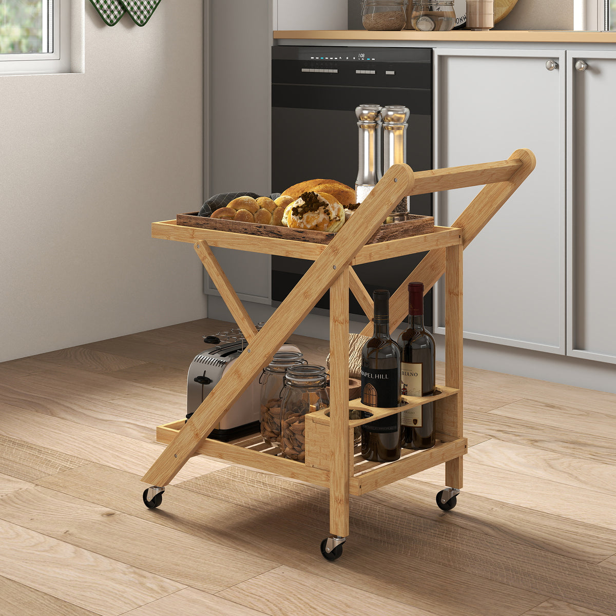 HOMCOM Küchenwagen auf Rädern, Servierwagen mit 3 Weinregalen, 2 Tabletts, für Küche, Esszimmer – Produktabbildung 2