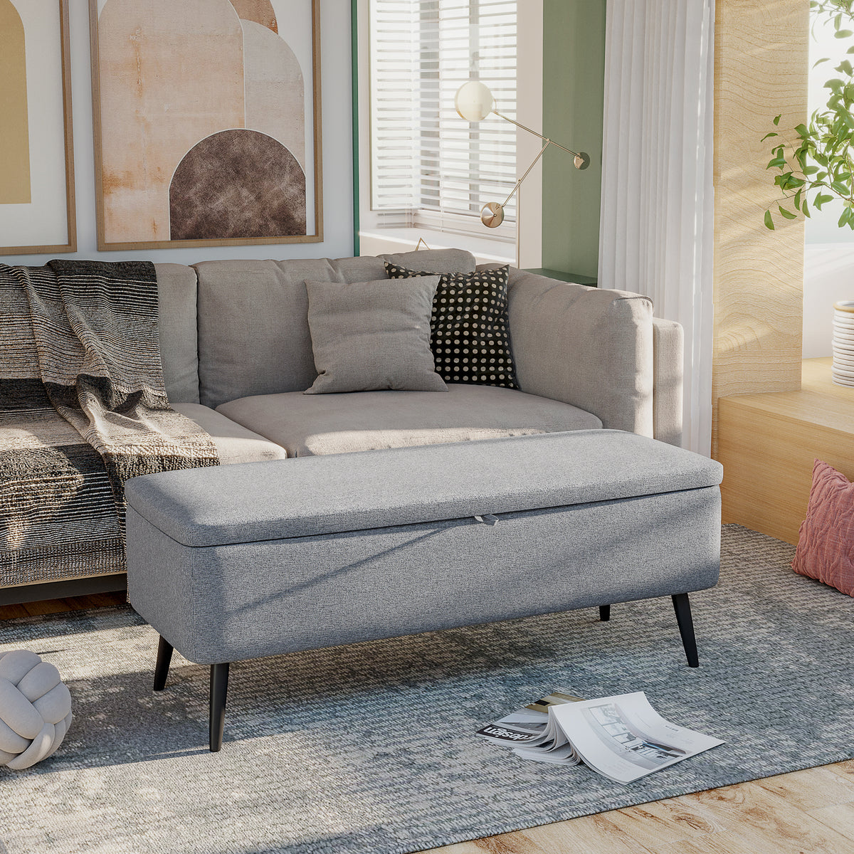 Bench, storage bench, upholstered bench, linen look, up to 150kg, 101x38.5x44.5 cm, grey (2)