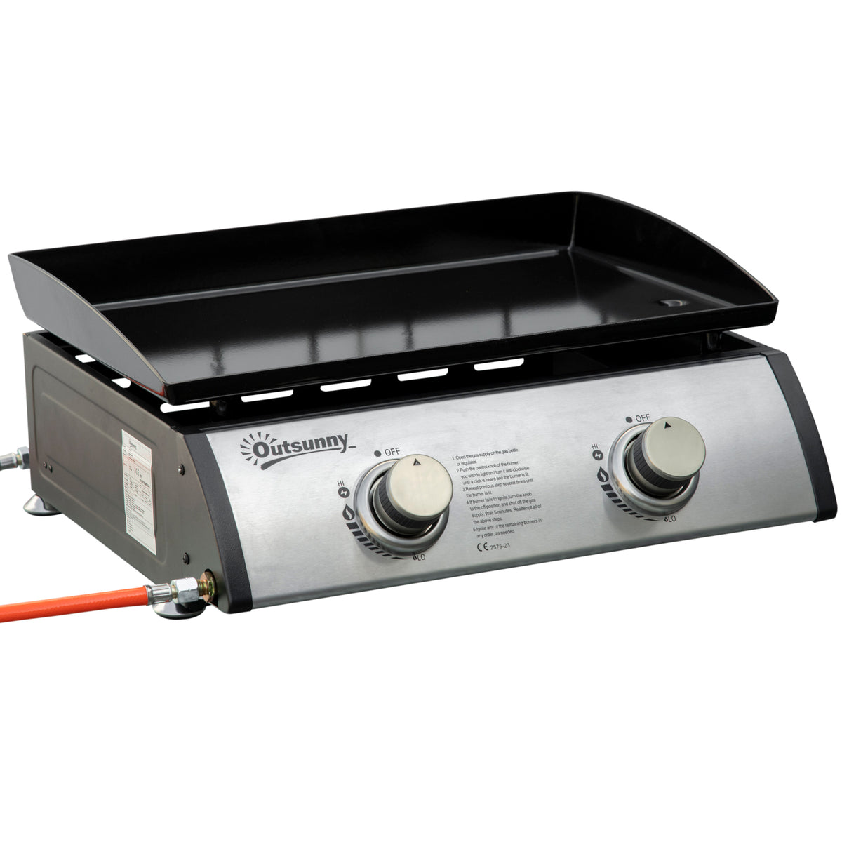 2-burner gas grill, hose, non-stick griddle, stainless steel, color: silver, 48.5 x 48 x 21 cm