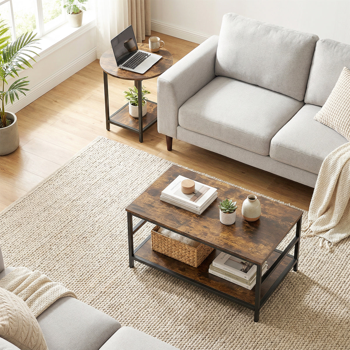 Coffee table set, 2-piece, rectangular and round table with 2-tier storage, for living room, rustic brown (2)